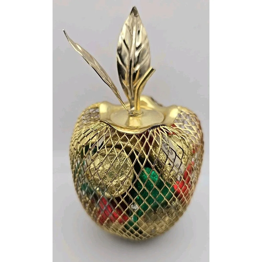 VINTAGE Brass Gold Mesh Apple Potpourri Christmas Ornament Candy‎ Holder 5 in